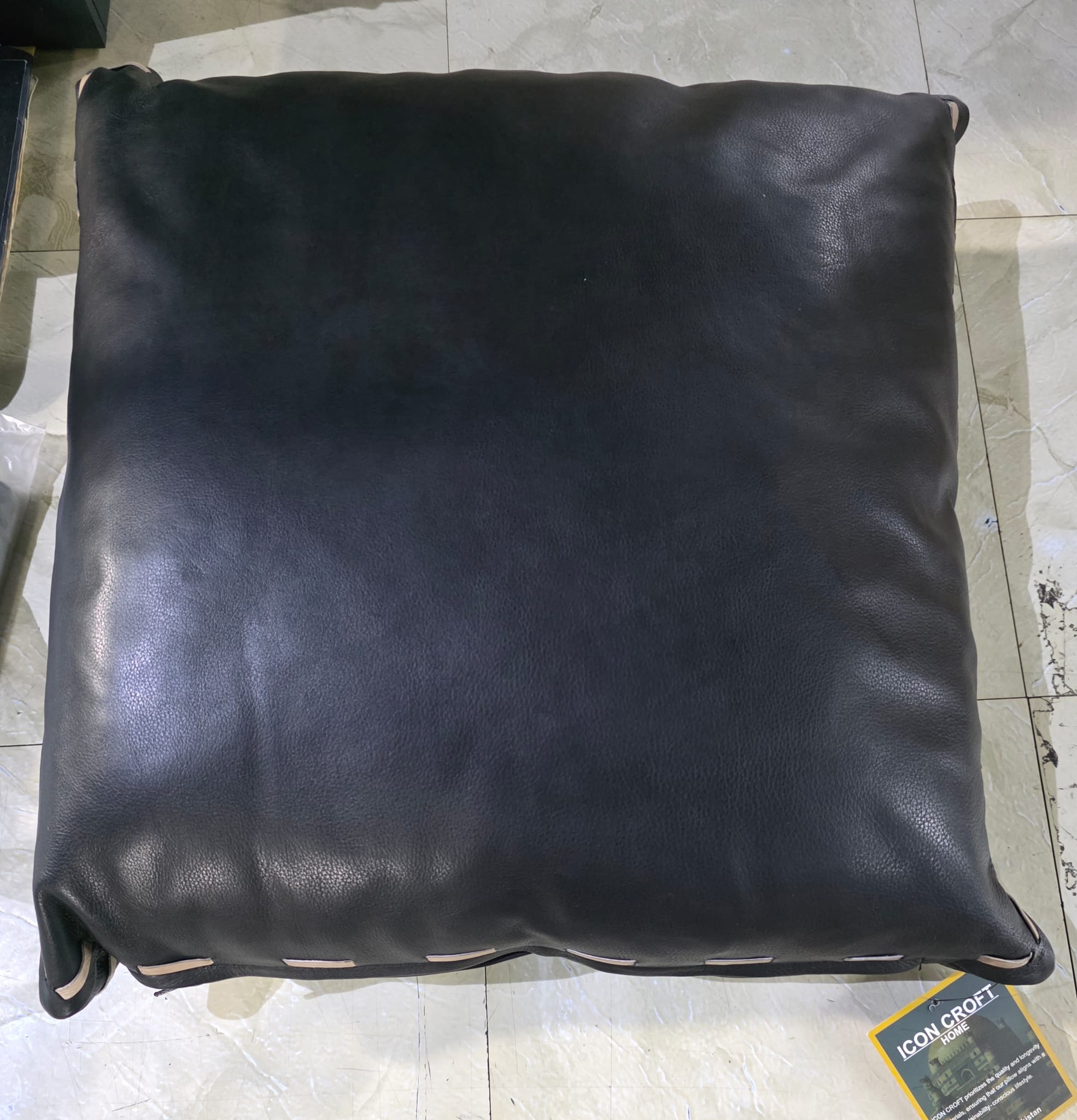Black Leather with Stitching Piping Throw Pillow